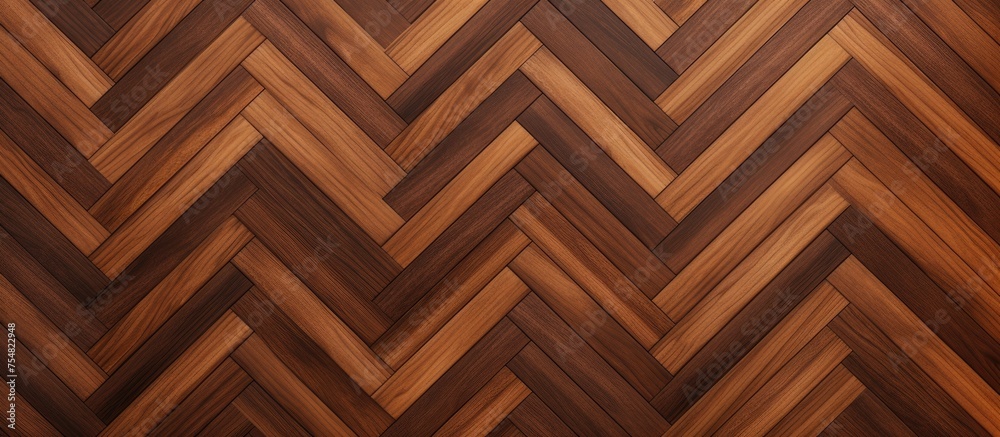 A detailed view of a wood floor featuring a chevron pattern in various shades of brown. The pattern creates a visually striking and geometric design.