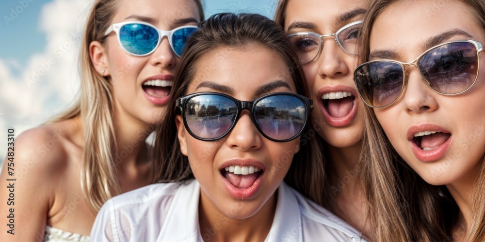 Four attractive young women in sunglasses smiling and making faces while posing Four attractive young women in sunglasses smiling and making faces while posing