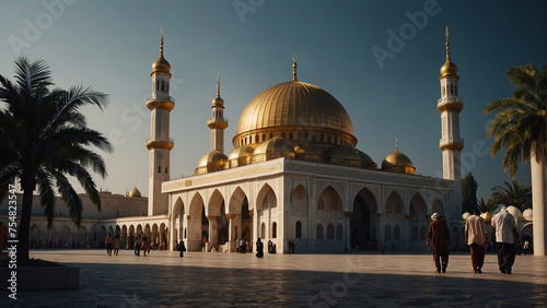 mosque with golden dome at night and people during the day with nice weather