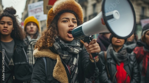Female activists protesting with a megaphone during a strike. Group of protestors protesting on the street, anti-racism protests and unemployment photo
