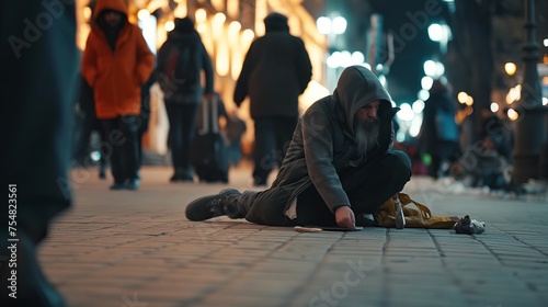 Homeless people on city streets, hungry homeless begging for help and money, Problems of big modern cities