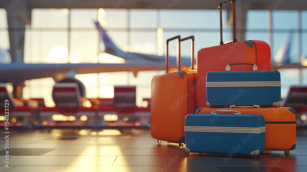 Naklejka premium Suitcases in airport terminal waiting area, airplane background, summer vacation Tourist journey trip concept