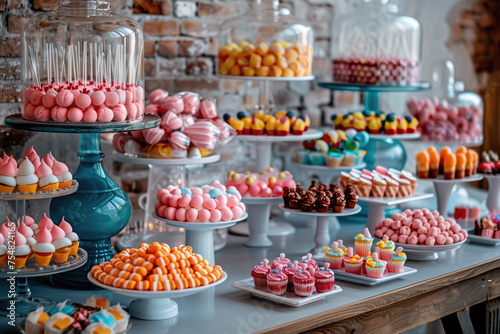 candy bar, sweet table with cakes, pastries and sweets for a birthday or wedding