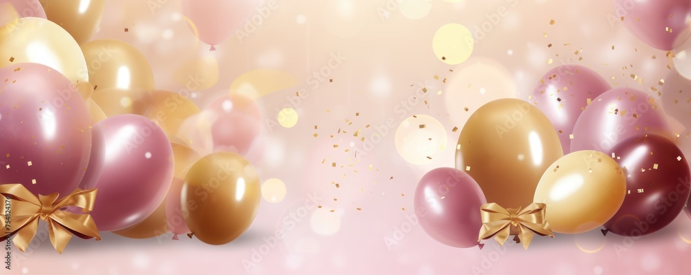 Holiday background with balloons and confetti. Celebration, party, birthday greeting card idea