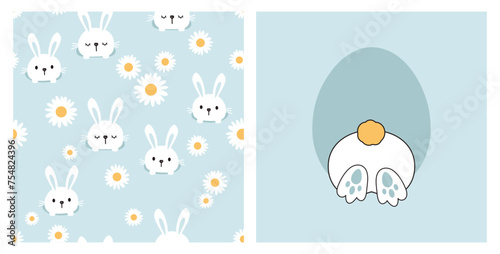 Easter seamless pattern with bunny rabbit cartoons and daisy flower on blue background. Bunny bottom, rabbit hole icon sign vector.