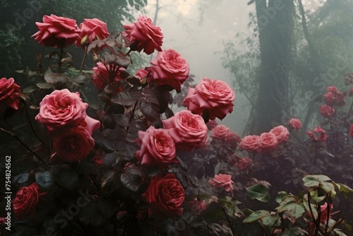 Vibrant Mysterious garden roses bushes. Dreamy fairy. Generate Ai © juliars