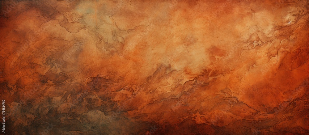 A painting featuring vibrant shades of orange and brown against a deep black background. The colors blend together creating a striking contrast with a textured finish.