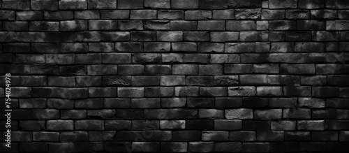An abstract black and white photo showcasing a textured brick wall. The surface features painted black bricks in an interior setting, creating a clean and stylish background for home or office design.