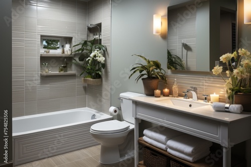 Modern tranquil bathroom design featuring a bathtub  wooden shelves with candles  and a large window with greenery..