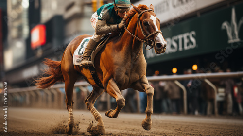 Jockey riding chestnut horse at full speed on racetrack, capturing the intensity and motion of race
