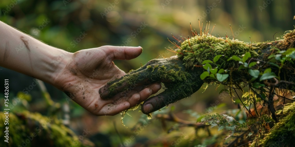 A close-up shot of a human hand gently touching moss, symbolizing the delicate interaction between people and nature.