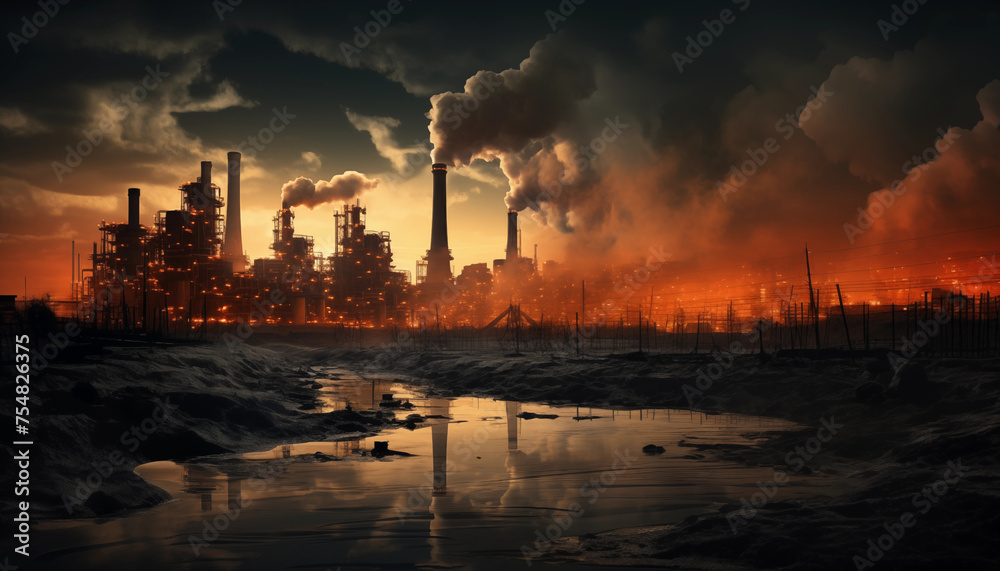Factory pollution, industry or Oil and gas dawn smoke smog, global warming 