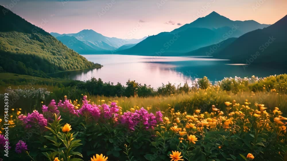 Video animation of landscape of a mountain lake surrounded by mountains, with wildflowers blooming in the foreground. The scene exudes tranquility and natural beauty Video animation of landscape of a mountain lake surrounded by mountains, with wildflowers blooming in the foreground. The scene exudes tranquility and natural beauty