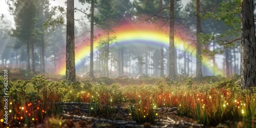 Mystical rainbow arching over a pine forest with dewdrops glittering on the grass.