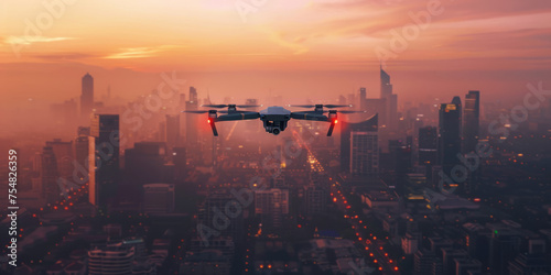 An unmanned aerial vehicle with red navigation lights hovers above a cityscape bathed in the warm glow of the sunset