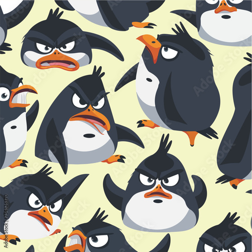 Seamless vector pattern with angry penguins in yellow background. Perfect for textile, wallpaper or print design.