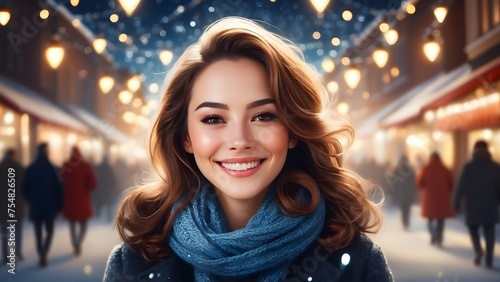 A joyful portrait of a woman with a subtle smile, her happiness magnified by the sparkling lights of a festive cityscape, generative AI