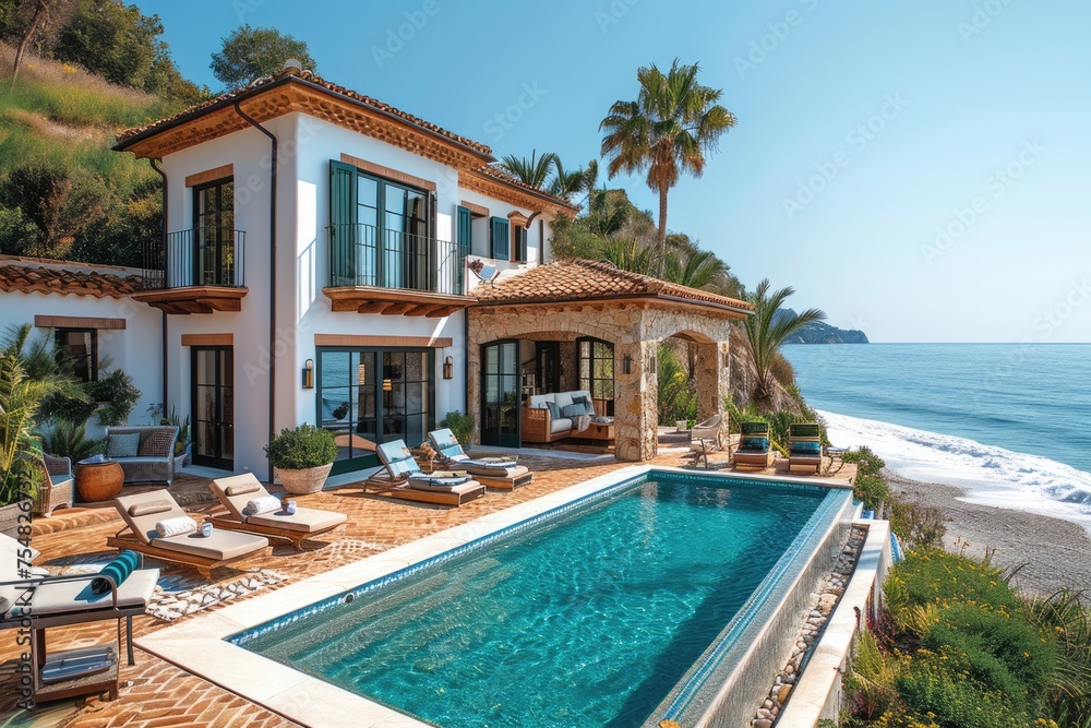 An elegant beachfront villa boasting a private pool, spacious terraces, and panoramic ocean views, epitomizing luxury coastal living..