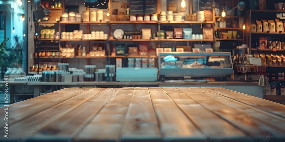 Empty Wooden Table in Cozy Coffee Shop with Shelves of Products, To provide a visually appealing and high-resolution image of an empty wooden table