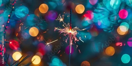 A vibrant sparkler illuminates the frame with multicolored bokeh lights in the background, suggesting celebration.