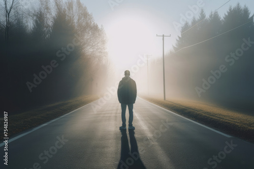 男性, 男性の後ろ姿, 道, 道路, 道に佇む男性, Male, male back view, road, road, man standing on road