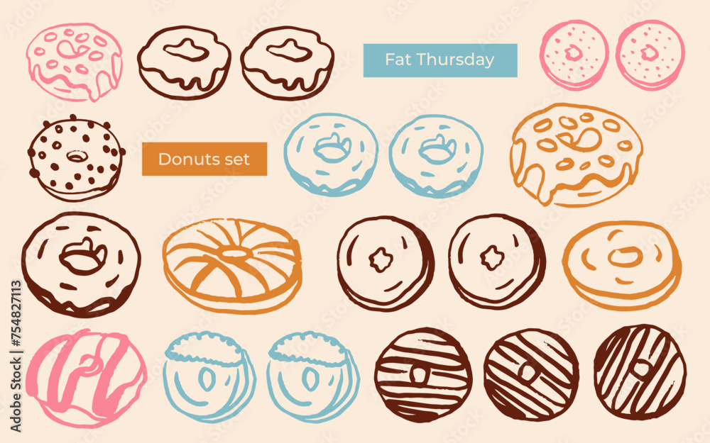 Hand drawn donut set for Fat Thursday on white background. Collection of cute donuts in doodle style. Hand drawn donut set for Fat Thursday on white background. Collection of cute donuts in doodle style.