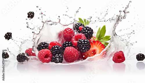 Fresh fruits, berries and strawberries falling in water splash, isolated on white background. 