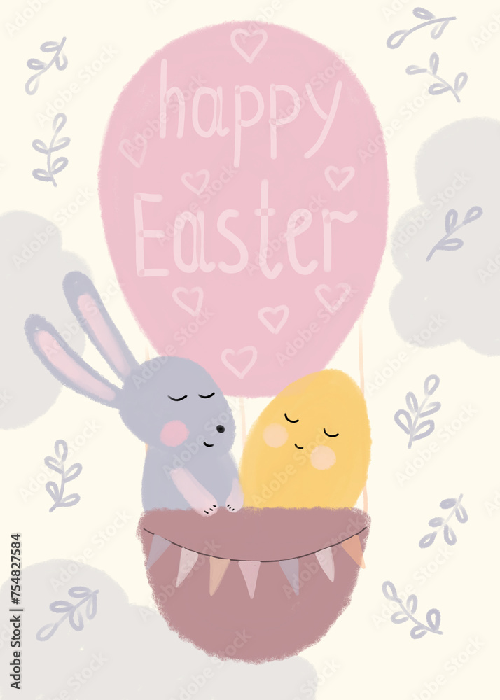Cute bunny and Easter egg are flying in a hot air balloon. Delicate pastel colors, in the style of pastels and felt-tip pens. Beautiful Easter card for printing. Cute bunny and Easter egg are flying in a hot air balloon. Delicate pastel colors, in the style of pastels and felt-tip pens. Beautiful Easter card for printing.