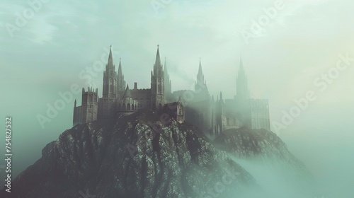 Magical virtual castle perched atop a misty hill, its turrets and spires reaching towards the digital sky in majestic splendor.