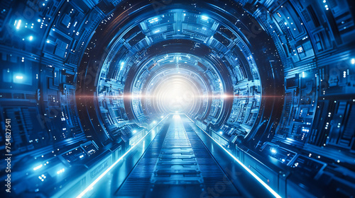 Fototapeta Naklejka Na Ścianę i Meble -  Starship Corridor with Futuristic Neon Lights, Sci-Fi Space Travel Concept, Modern Interior Design