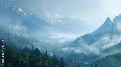 Misty morning in a tranquil mountain valley.