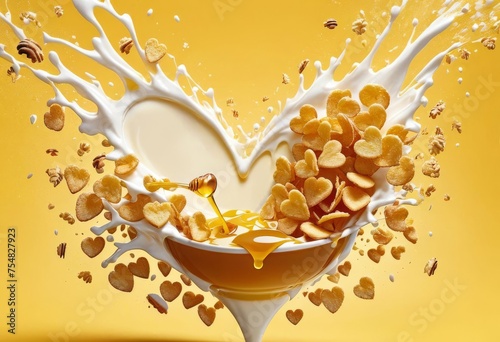 cornflakes in a bowl,milk pouring on cereal,empty space for text isolated on yellow background,plate of cornflakes