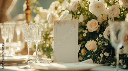 An opulent wedding reception table set with a pristine white floral arrangement, fine glassware, and a sophisticated menu awaiting guests...