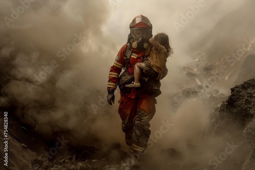 A women firefighter, carrying a young girl on both arms 