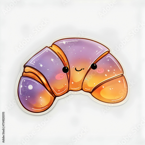 A kawaii croissant sticker design, iridiscent colors, brilliant colors, isolated on white background photo