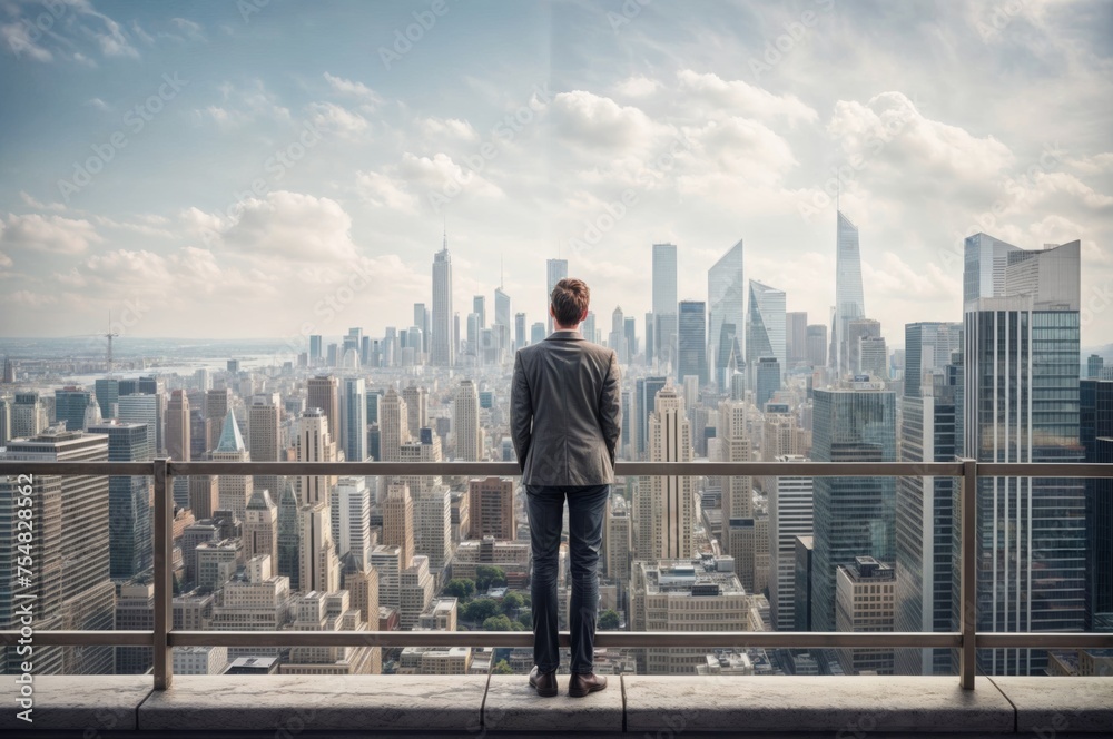 Businessman standing on the roof of a skyscraper and looking at the city