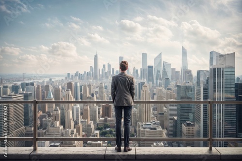 Businessman standing on the roof of a skyscraper and looking at the city