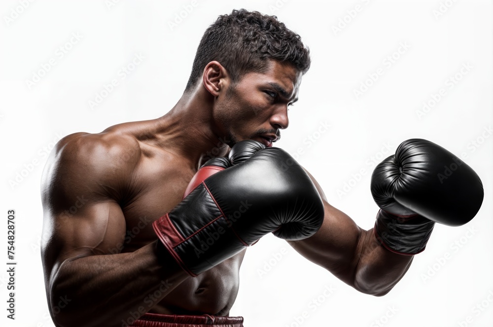Portrait of shirtless muscular man with boxing gloves against white background