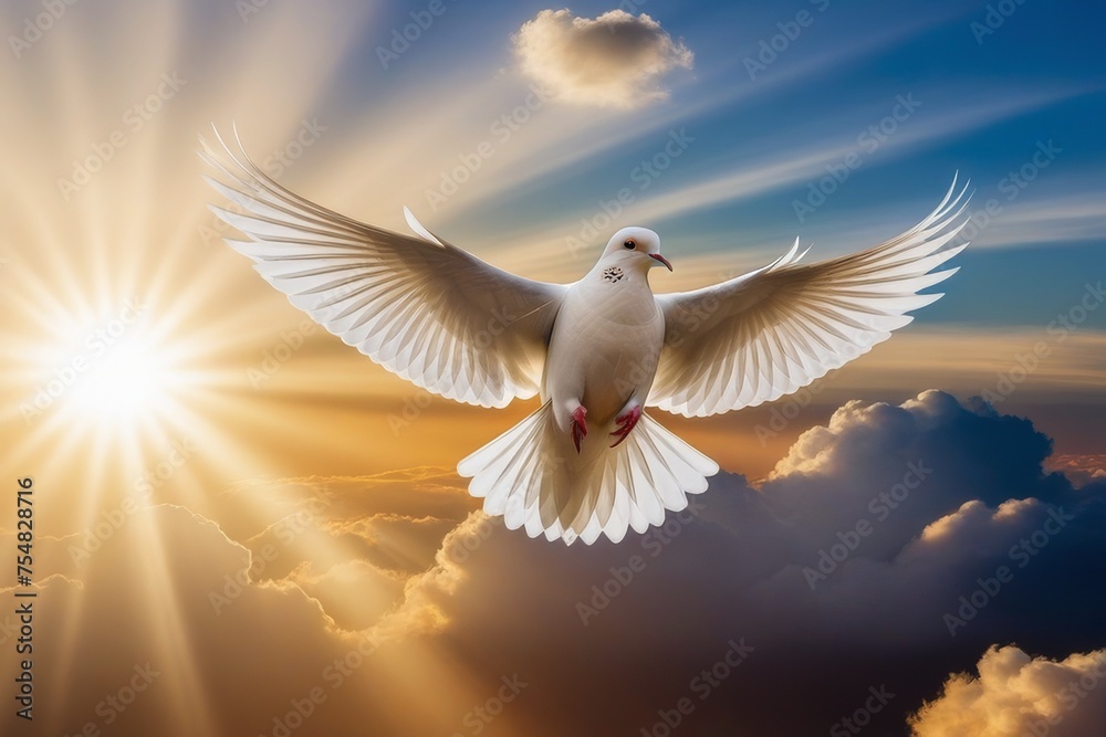 Obraz premium white dove flying on sky in beautiful sunset light for freedom concept