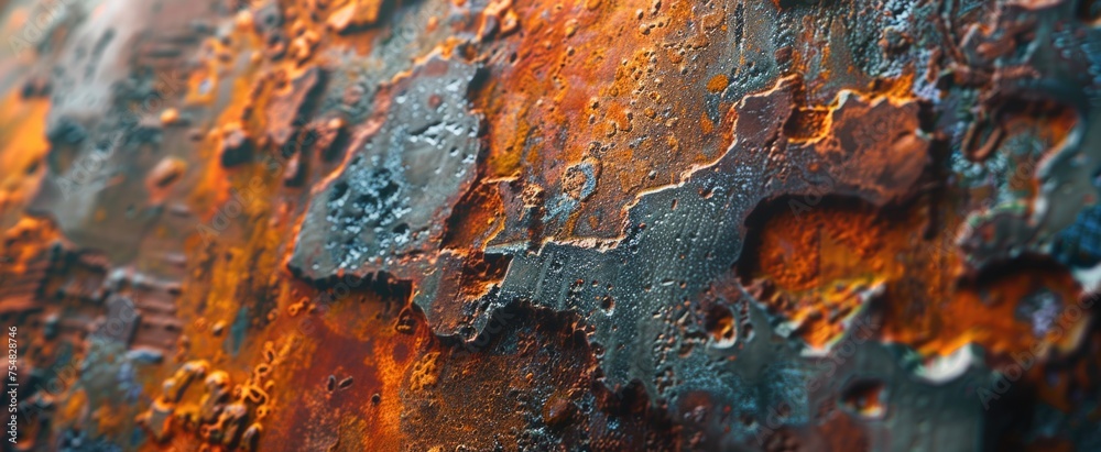 Macro view of rusted metal, showcasing its textured patina and rich colors for an industrial vibe
