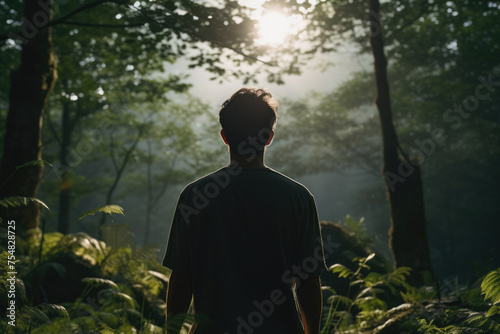 男性, 男性の後ろ姿, 森, 森の中に佇む男性, 木漏れ日, Male, male back view, forest, man standing in forest, sunlight through trees