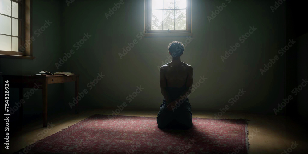 Religious young man praying to God in a dark room. Half-light, sunlight coming through the small windows. - obrazy, fototapety, plakaty 