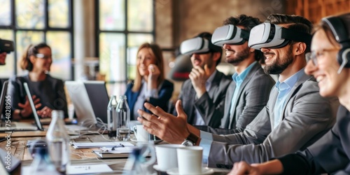 A group of business people experiencing virtual reality during a creative office meeting.
