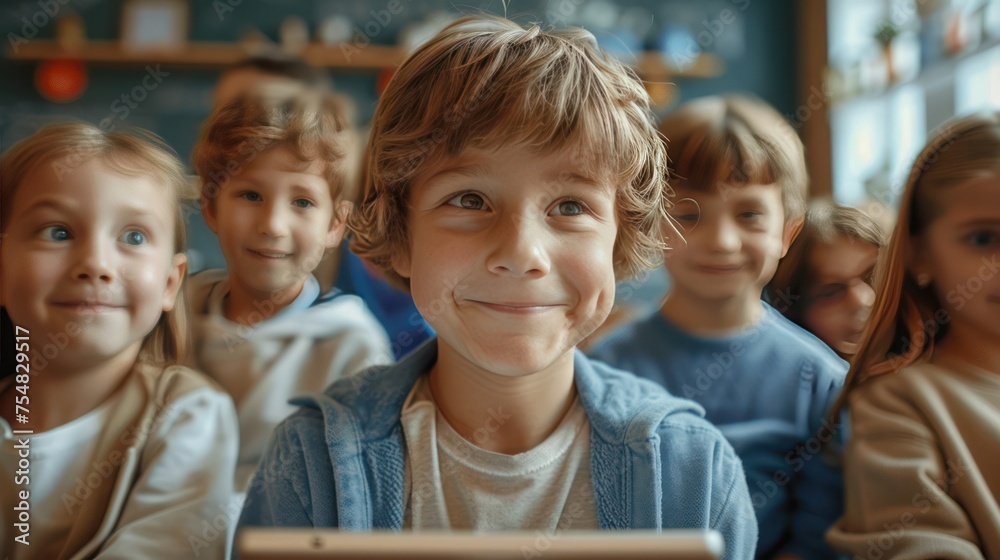 A group of Happy smiling school Boys and Girls 7-8 years old Standing in front of the blackboard in the classroom taking hand up for an answer A group of Happy smiling school Boys and Girls 7-8 years old Standing in front of the blackboard in the classroom taking hand up for an answer