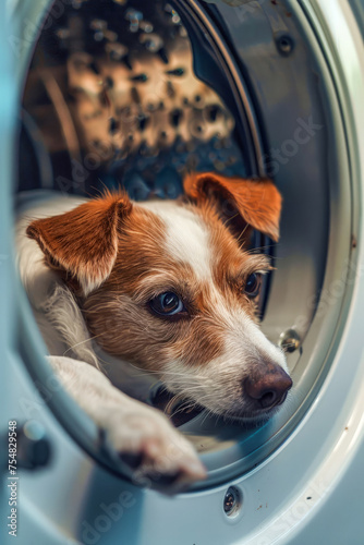 Funny Jack Russell dog put in the washing machine