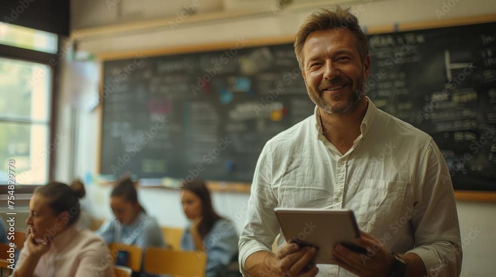 Handsome man teachers smiles happily standing in front of the blackboard in the classroom Handsome man teachers smiles happily standing in front of the blackboard in the classroom