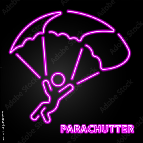 Parachutist neon sign, modern glowing banner design, colorful modern design trend on black background. Vector illustration.