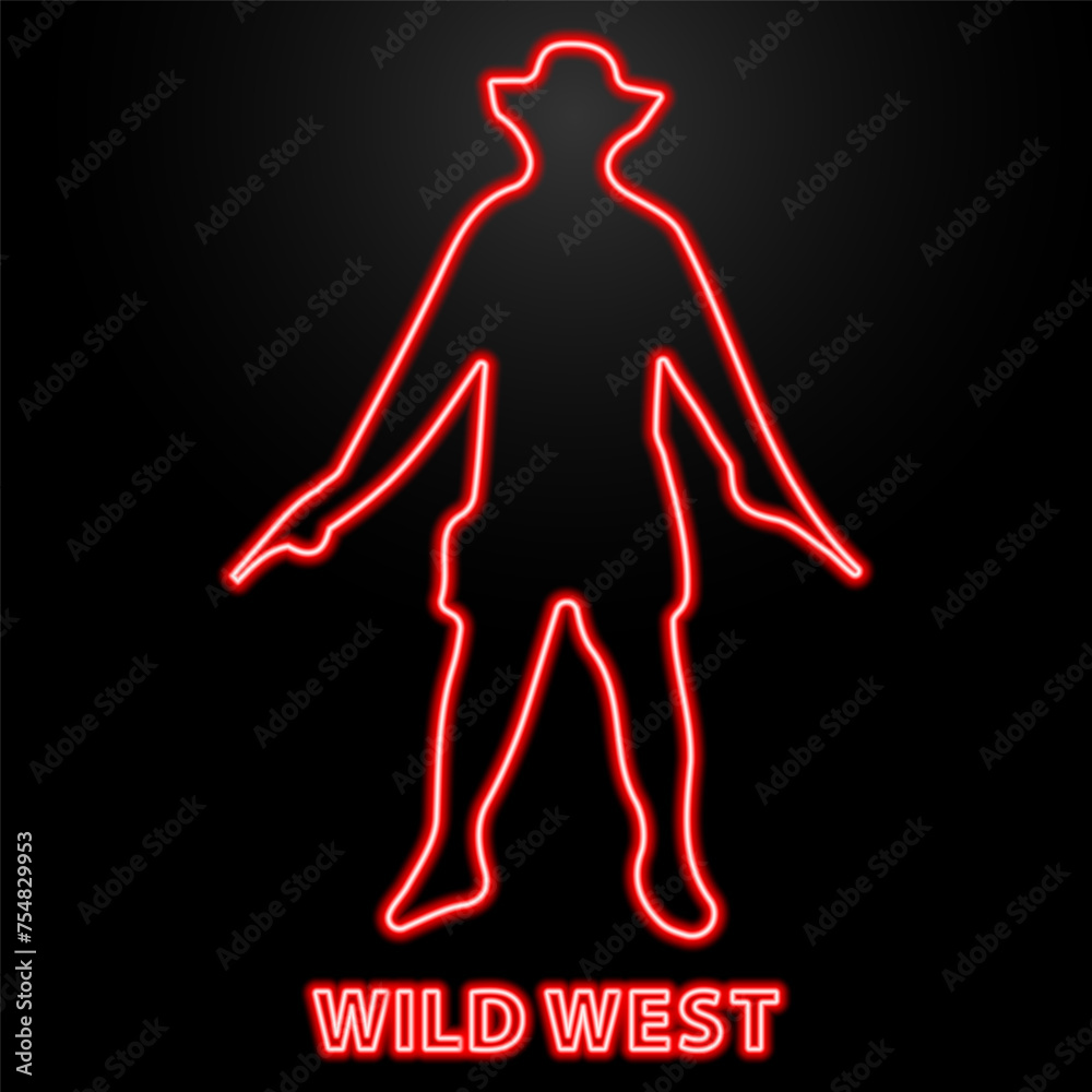 wild west neon sign, modern glowing banner design, colorful modern design trend on black background. Vector illustration.