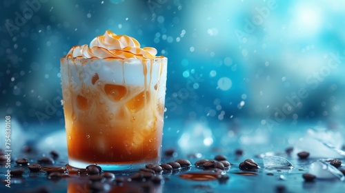 Iced Latte with Whipped Cream and Coffee Beans on Table in Rainy Weather, Refreshing Coffee Beverage Concept