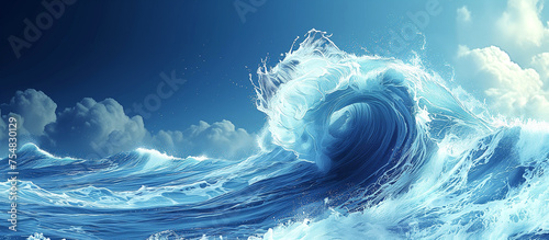 Blue sea wave abstract background. Horizontal travel poster. Digital artwork raster bitmap illustration. AI artwork.